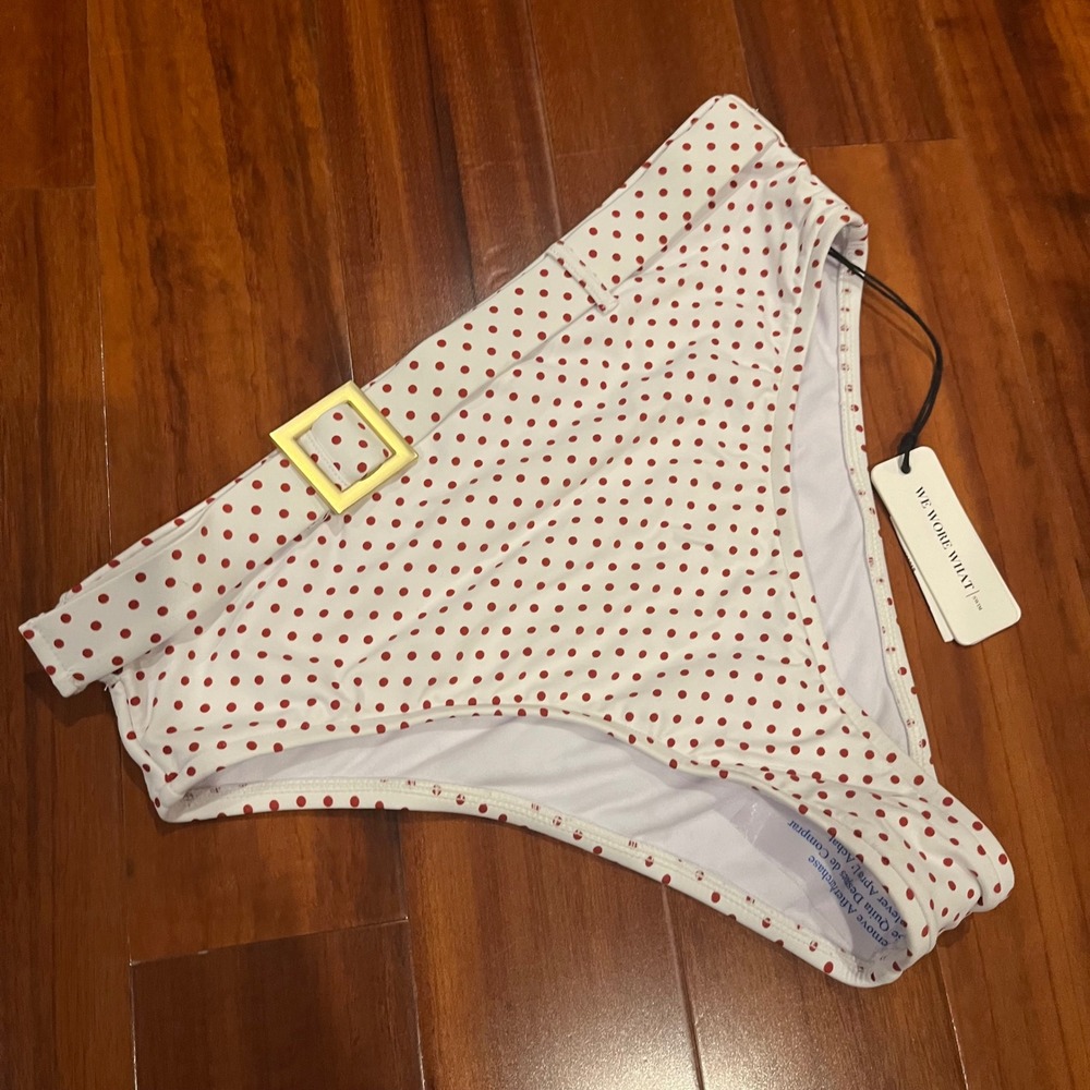 We Wore What Bikini Swim Bottom Emily‎ Belted White Red Micro Polka Dot New XS